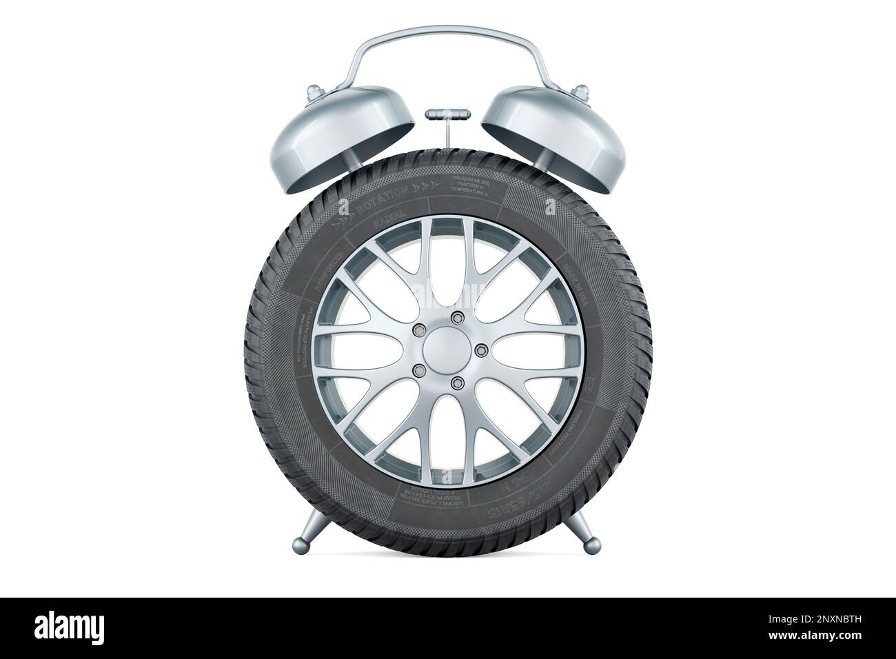 Car wheel as alarm clock, 3D rendering isolated on white background