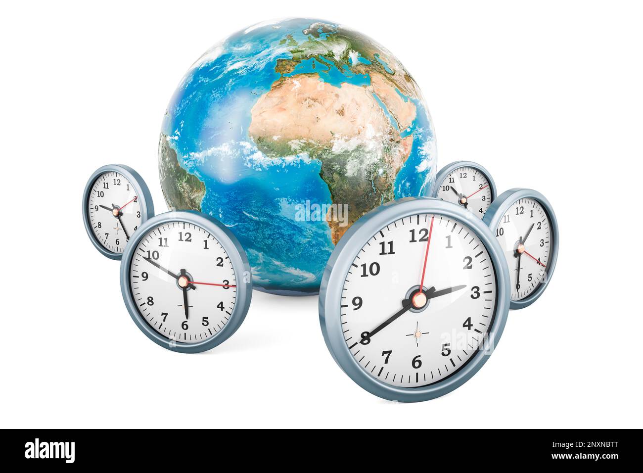 Earth Globe with clocks, 3D rendering isolated on the white background