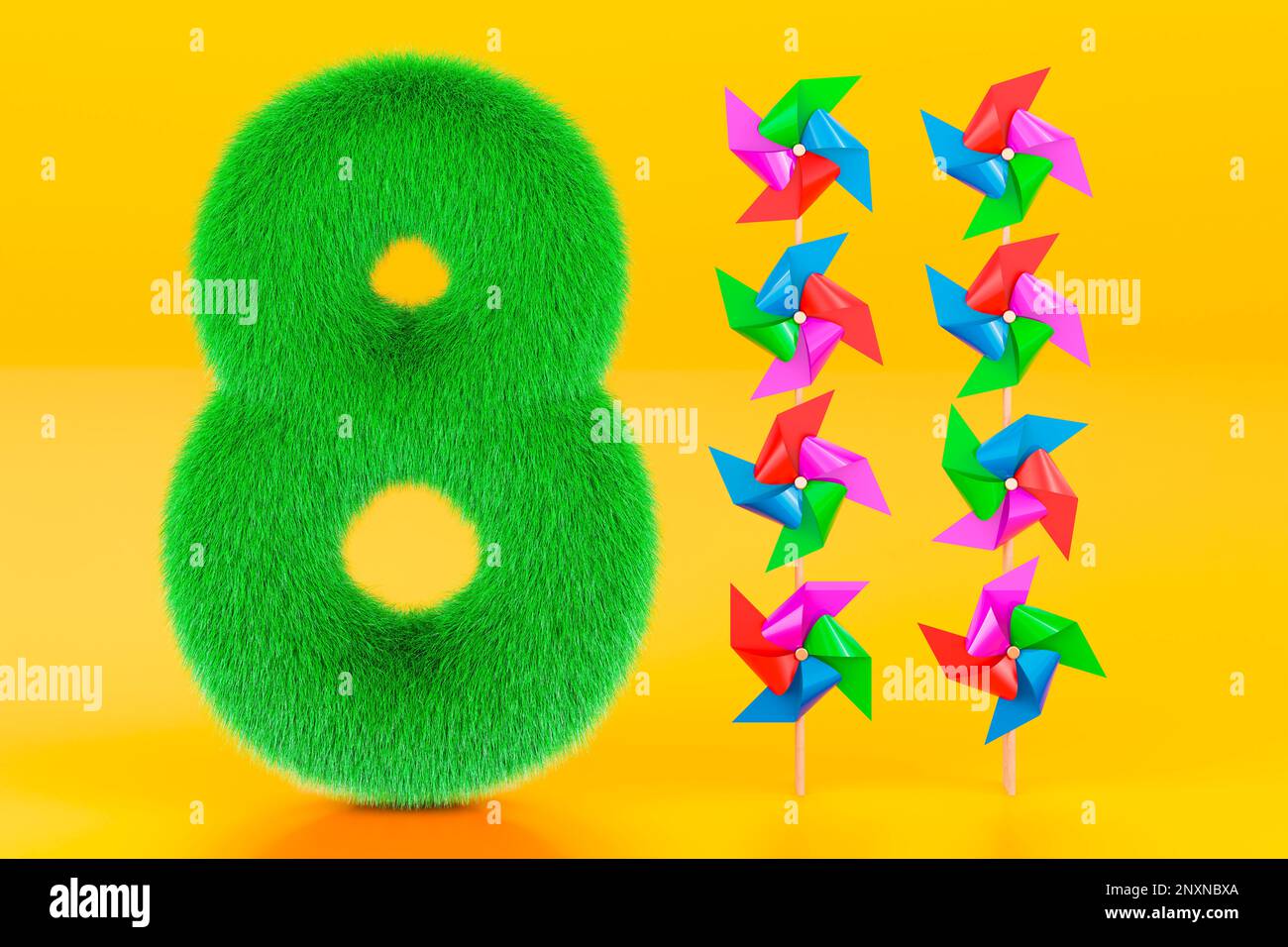 Kids fluffy number 8 with eight pinwheels, 3D rendering on orange ...