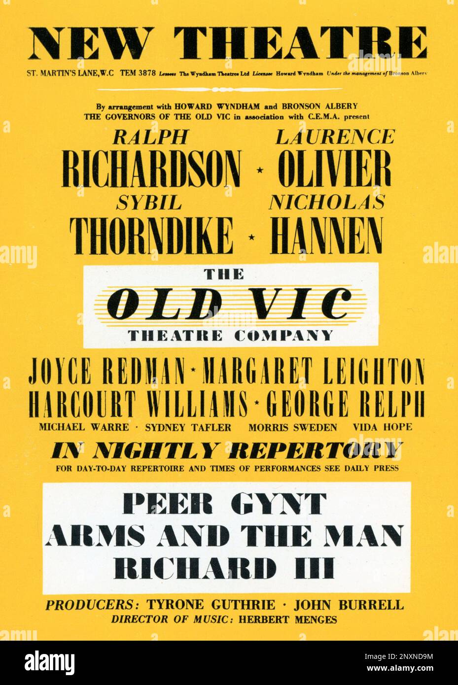Playbill designed by S. JOHN WOODS for RALPH RICHARDSON LAURENCE OLIVIER SYBIL THORNDIKE NICHOLAS HANNEN JOYCE REDMAN and MARGARET LEIGHTON in The Old Vic Theatre Company 1st Season of Plays in Repertory 1944 - 1945 at the New Theatre, London consisting of PEER GYNT, ARMS AND THE MAN, and RICHARD III Stock Photo