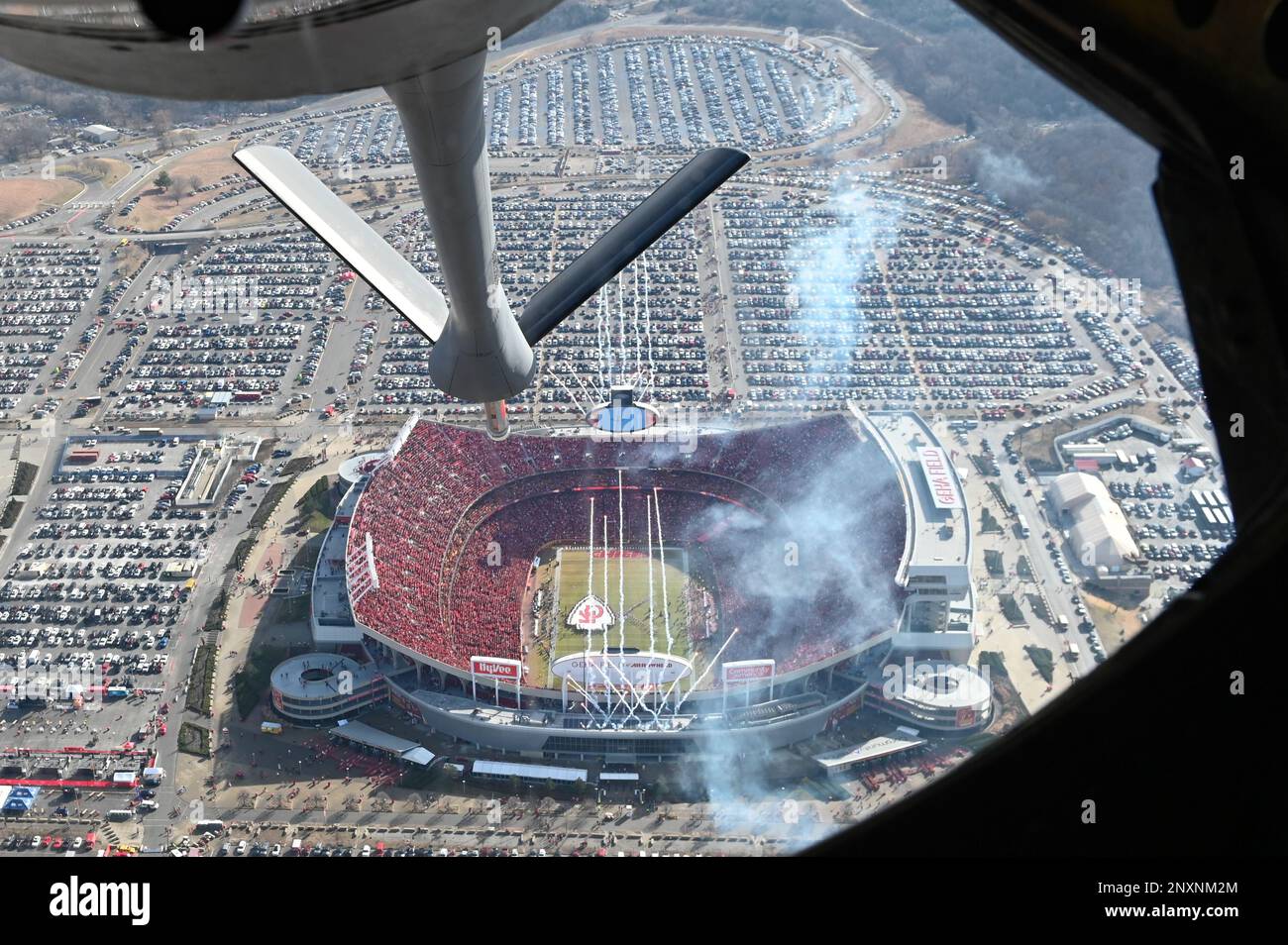 A KC135 Stratotanker assigned to McConnell Air Force Base, Kansas, performs a flyover above
