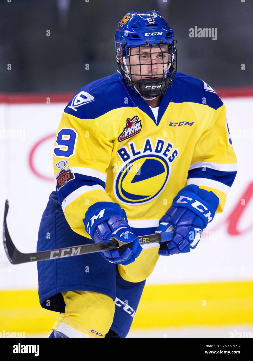 WHL (Western Hockey League) player profile photo on Saskatoon Blades player Max  Gerlach at a game against the Calgary Hitmen in Calgary, Alta. on Jan. 16,  2018. (Larry MacDougal via AP Stock