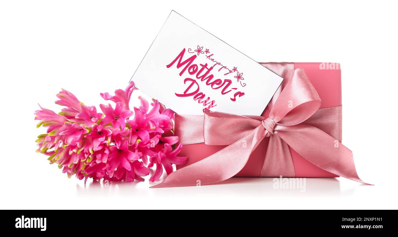 Card with text HAPPY MOTHER'S DAY, beautiful hyacinth flower and gift ...