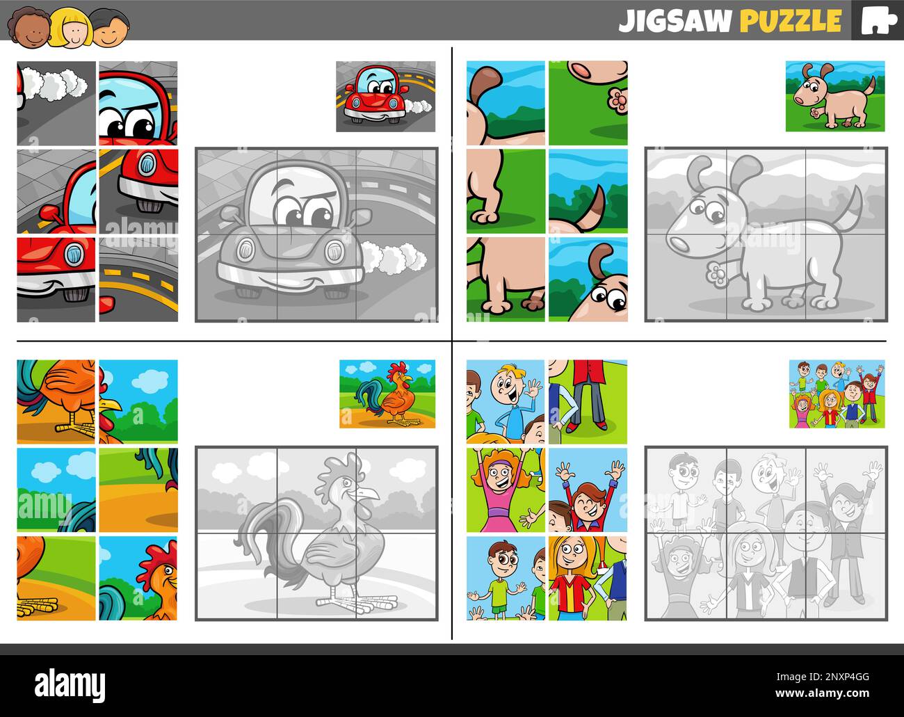 Cartoon illustration of educational jigsaw puzzle games set with funny