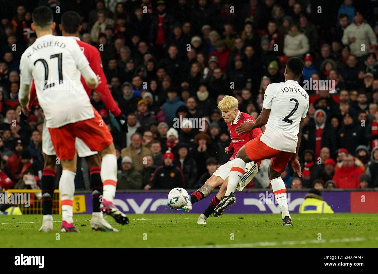 Manchester United's Alejandro Garnacho scores their side's second goal of the game during the Emirates FA Cup fifth round match at Old Trafford, Manchester. Picture date: Wednesday March 1, 2023. Stock Photo