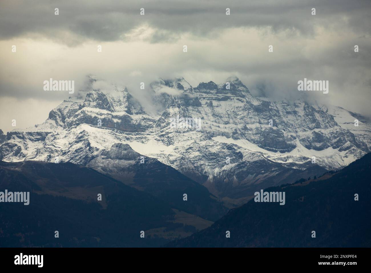 The jagged peaks of the Dents du Midi in the Chablais Alps canton of Valais Swiss Alps from Montreux on Lake Geneva Lac Leman Vaud Switzerland Stock Photo