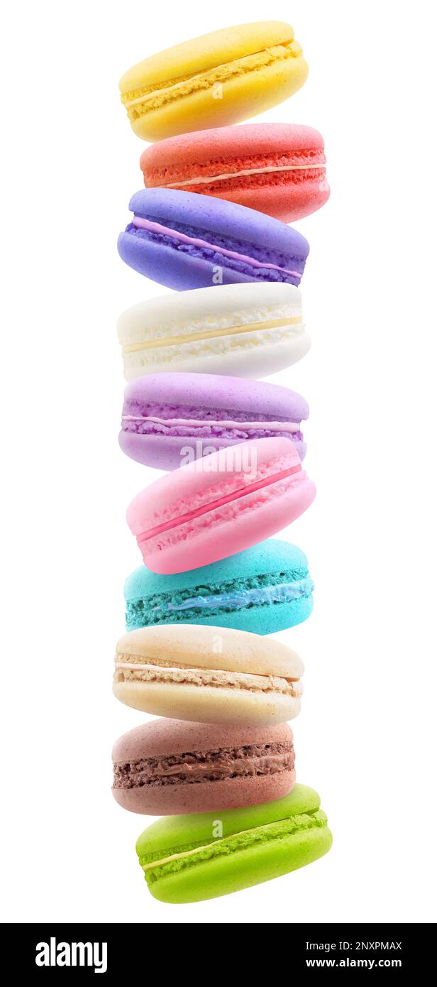 Multicolored macaroons levitation isolated on white background Stock Photo