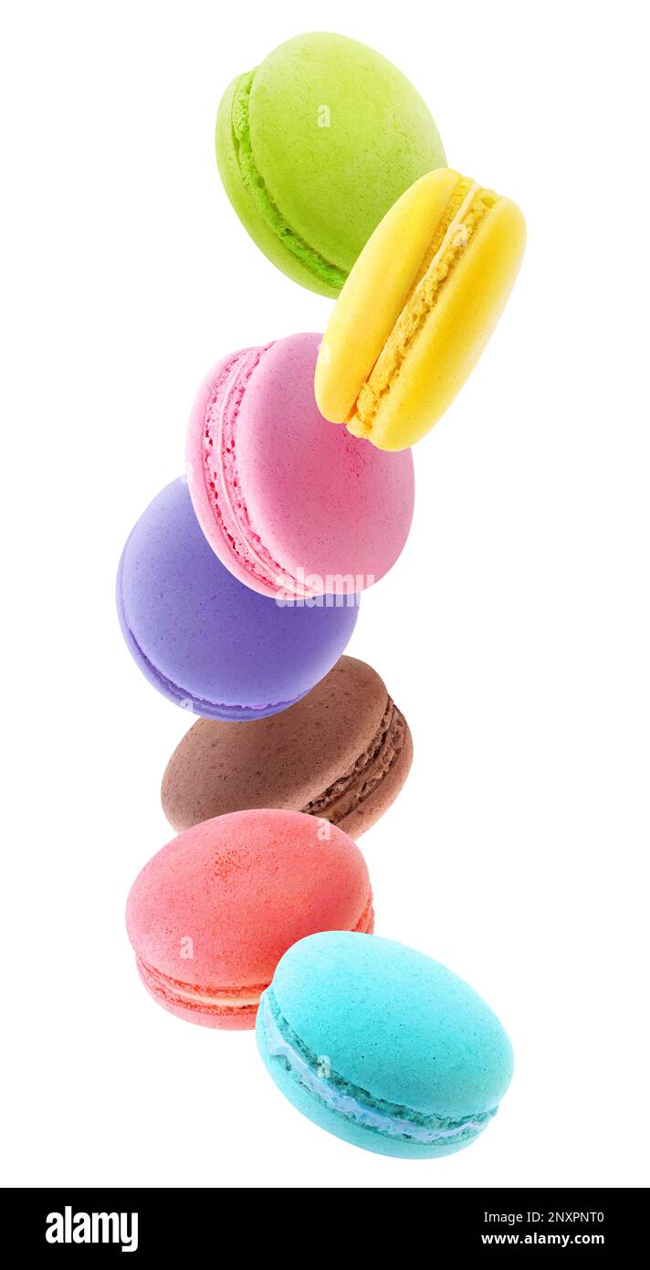 Levitating macaroons of different colors isolated on white background Stock Photo