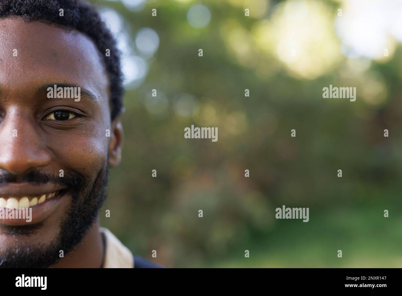 Half face portrait of smiling african american man trekking in forest, copy space Stock Photo
