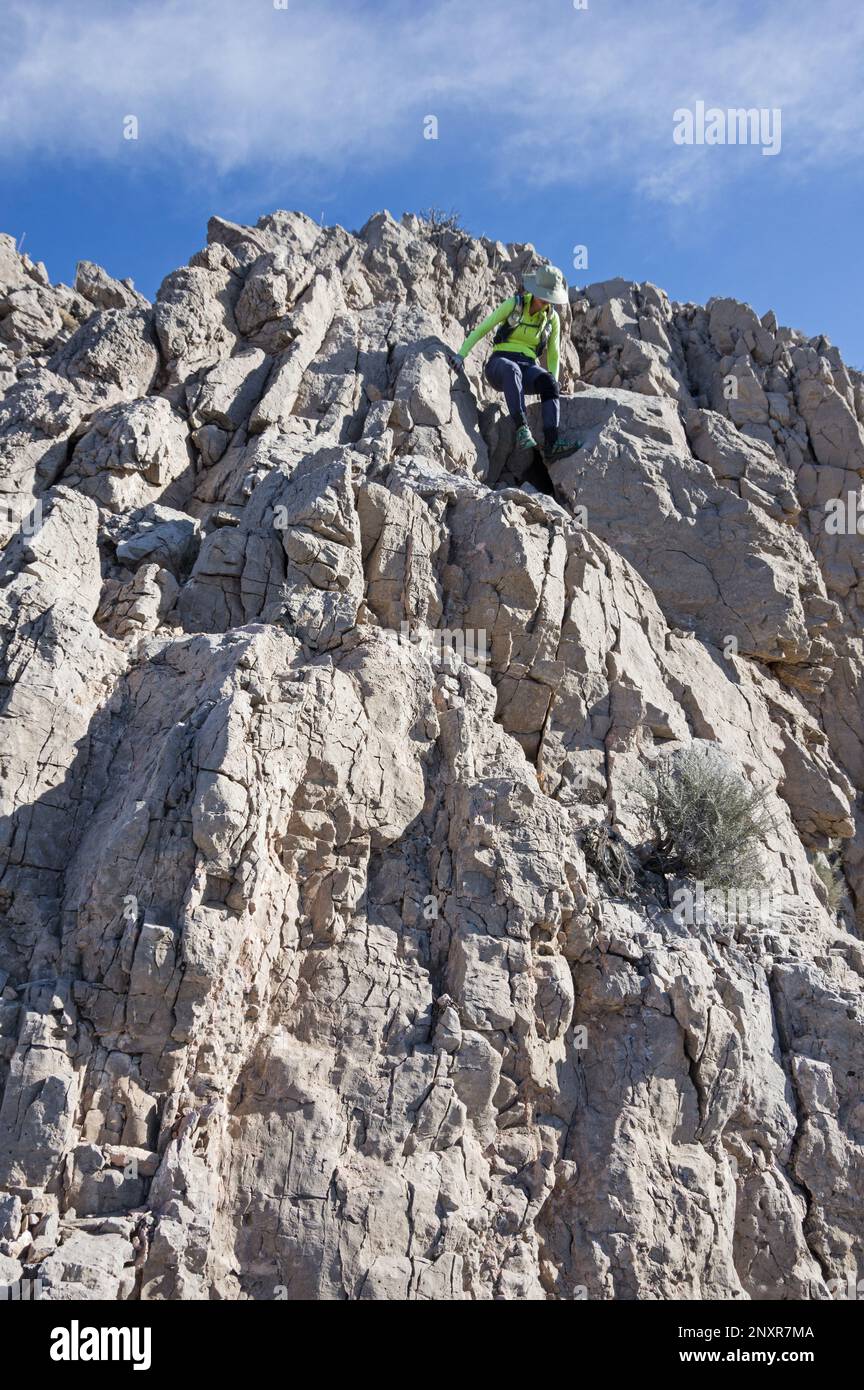 woman scrambling down a limestone cliff on Muddy Peak Stock Photo
