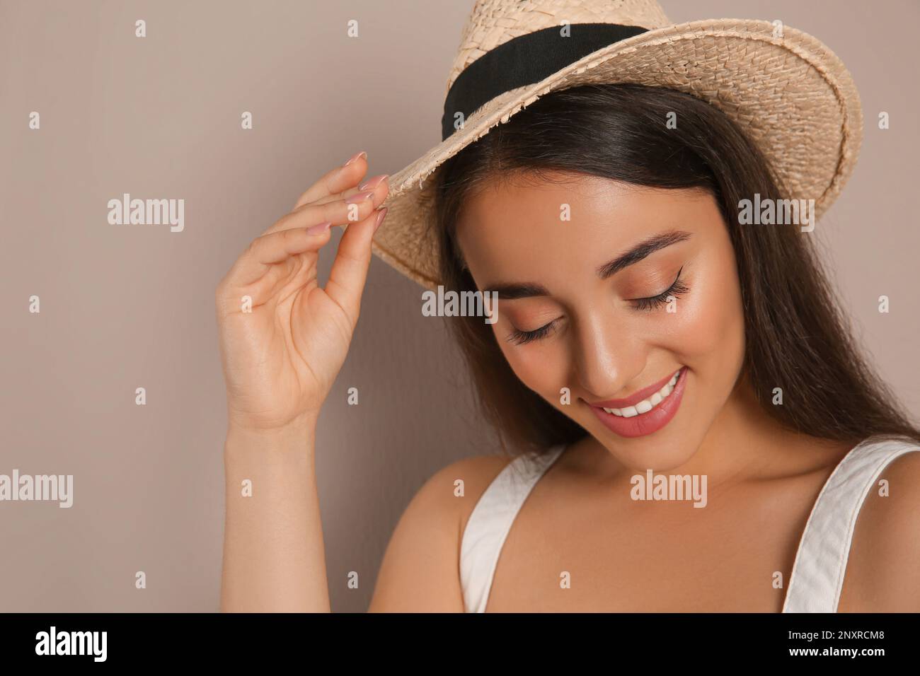 Pretty Girl with Staw Hat, Bra and Shorts Touches the Hat Stock Image -  Image of lady, beautiful: 29799245