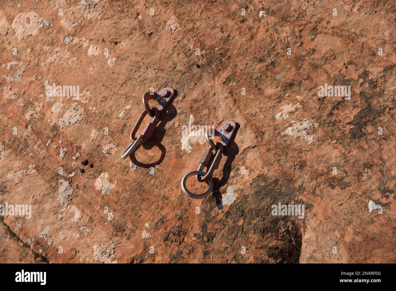 rock climbing rappel anchors placed in sandstone Stock Photo