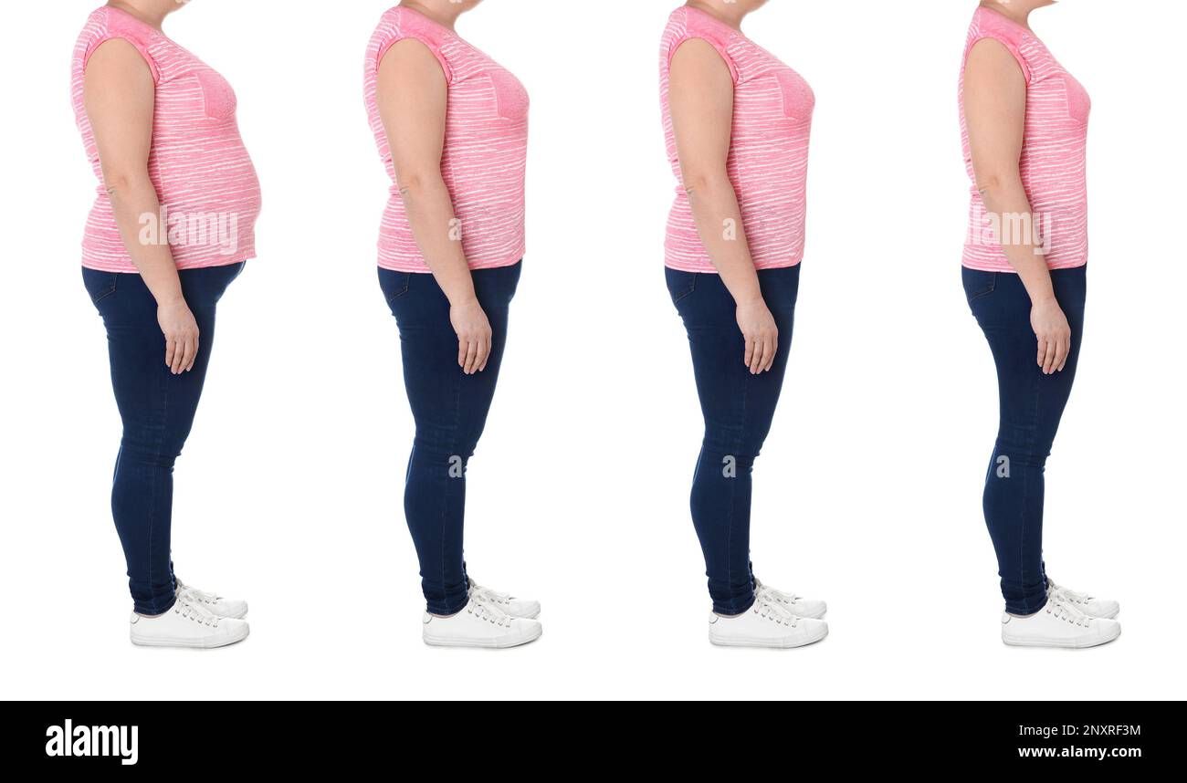Collage with photos of woman before and after weight loss diet on white