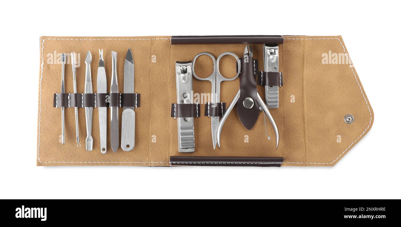 Manicure set in case isolated on white, top view Stock Photo