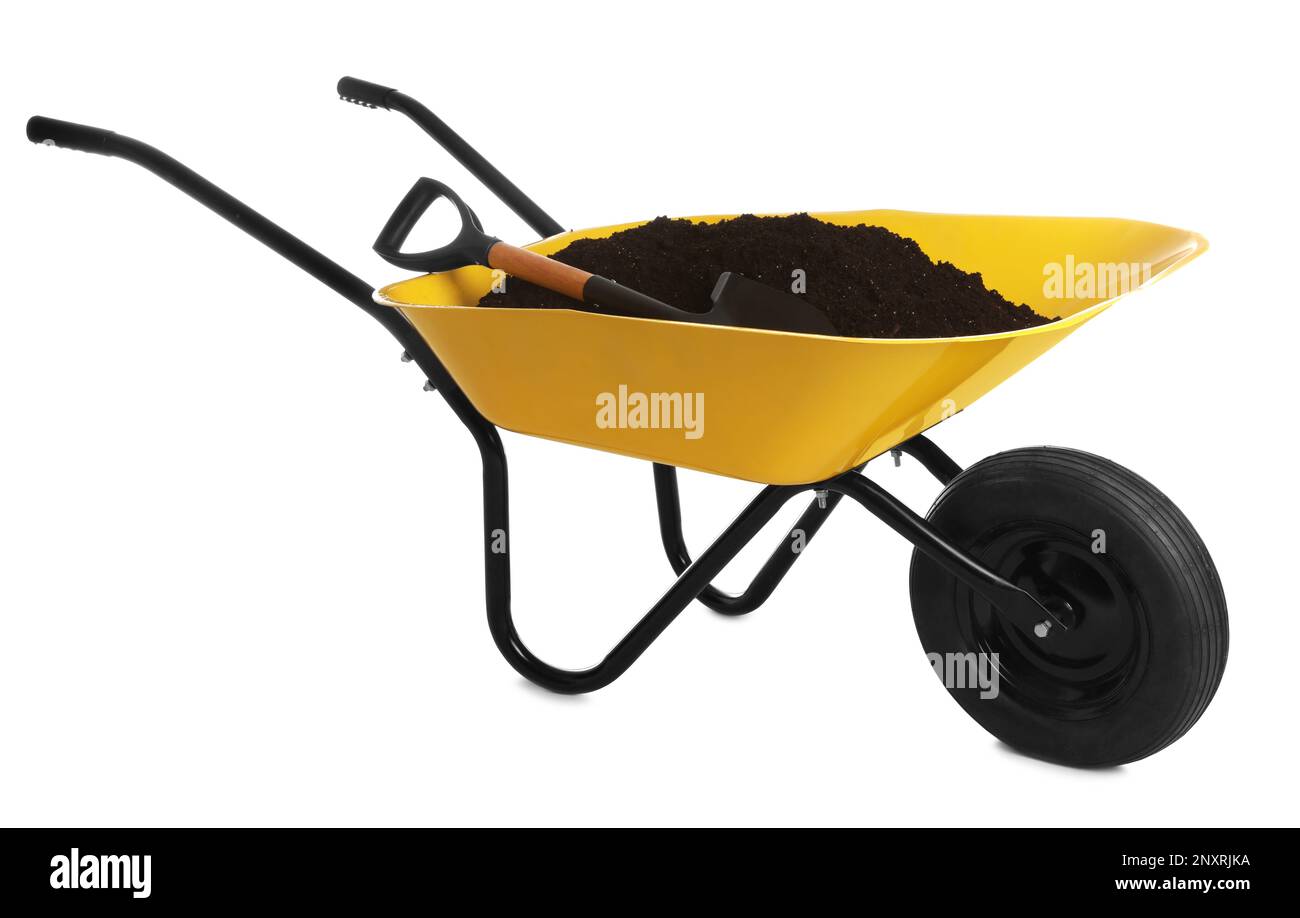 Yellow wheelbarrow with soil and shovel isolated on white. Gardening