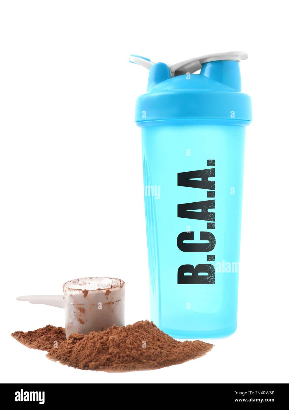 Shaker with abbreviation BCAA (Branched-chain amino acid) and powder on white background Stock Photo