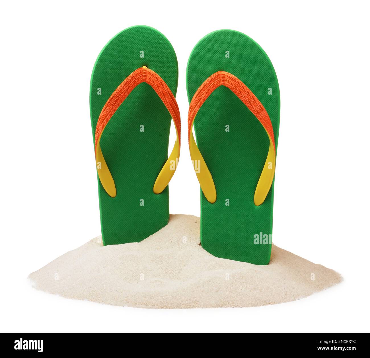 Green flip flops in sand on white background Stock Photo - Alamy