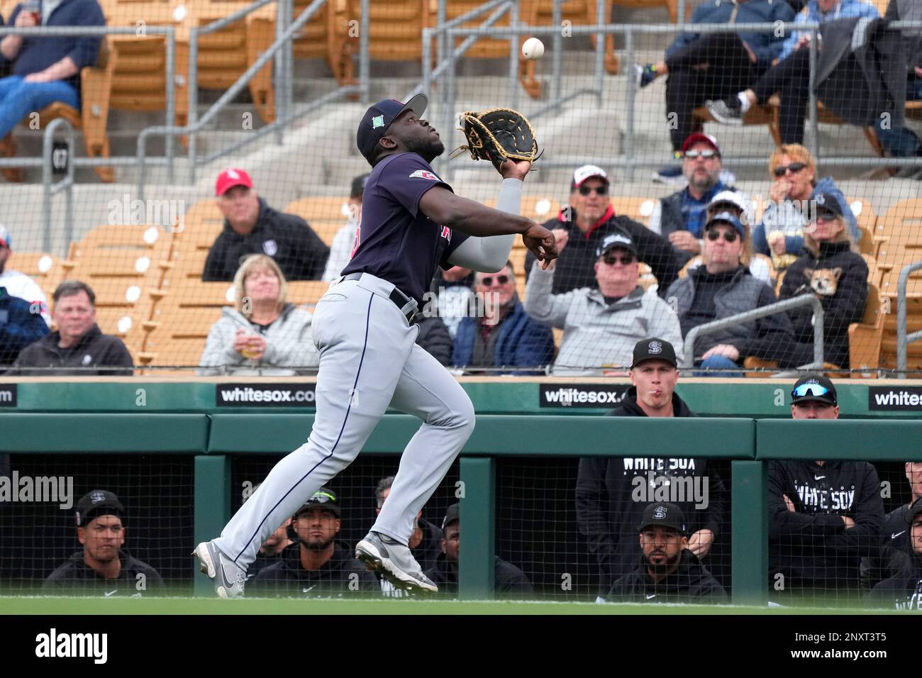 Cleveland Guardians first baseman Jhonkensy Noel makes a running catch