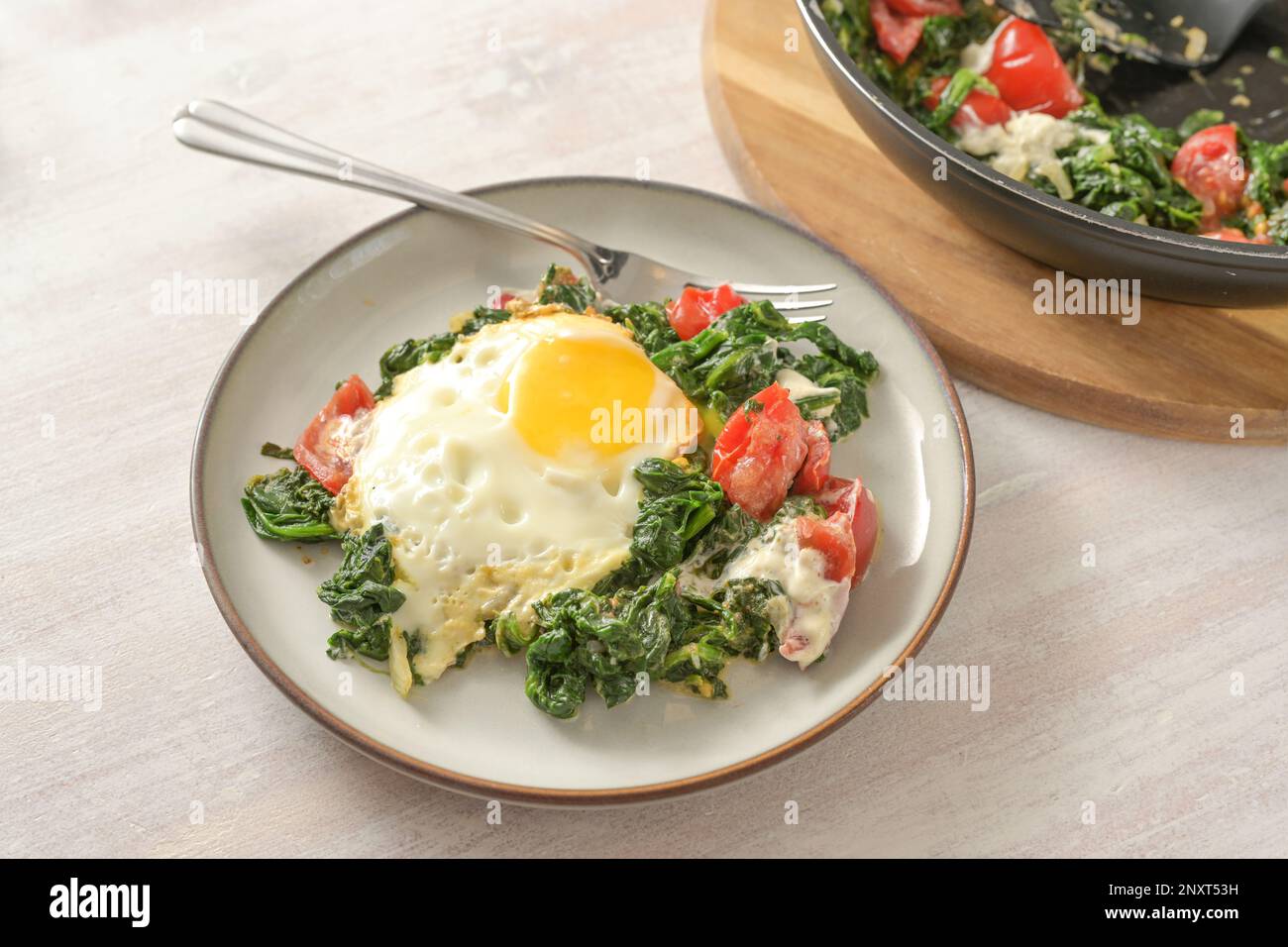 Fried egg on spinach with tomatoes and cheese served on a plate on a light painted wooden table, homemade healthy dish, copy space, selected focus, na Stock Photo