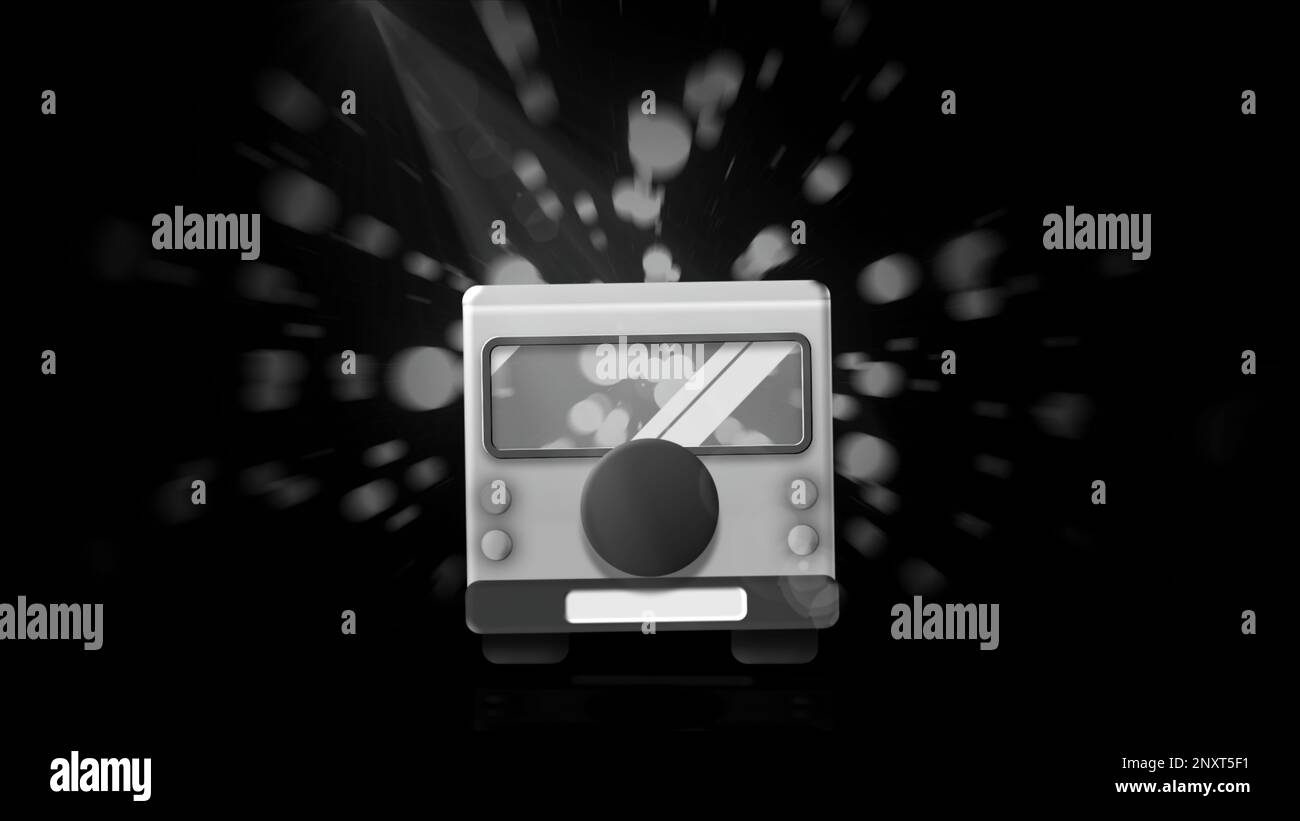 Black background with gray and pink device . Motion.A TV dancing in different directions that shows pictures and light comes from it in cartoon animat Stock Photo