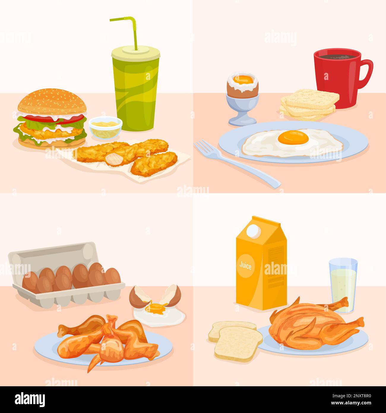 Chicken products flat set of square compositions with served food made