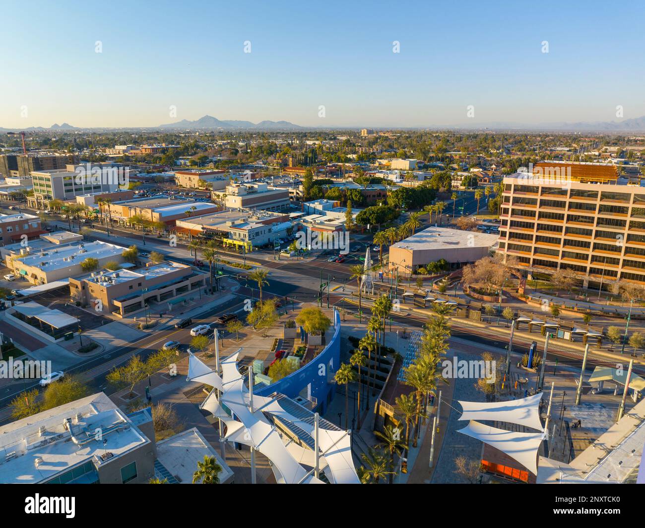Mesa city center aerial view on Center Street at Main Street at sunset, Mesa, Arizona AZ, USA. Stock Photo