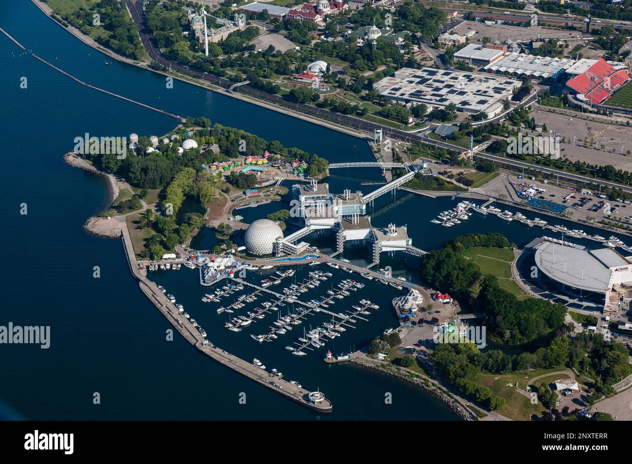 Stock photo aerial view of Ontario Place Park on the Toronto Waterfront. Stock Photo