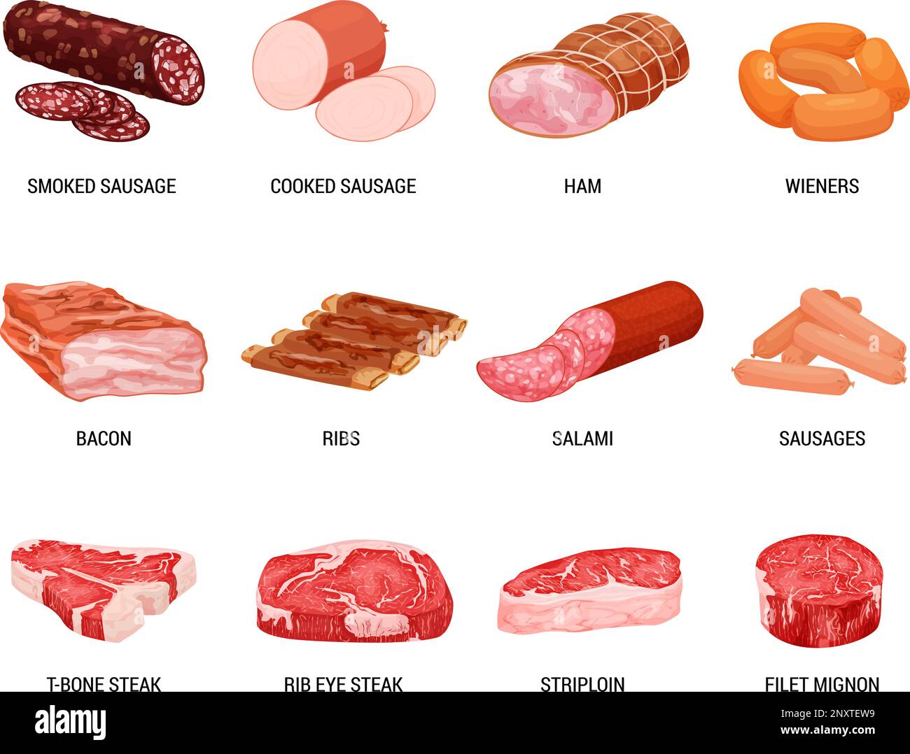 Meat products flat set with isolated images of sausages ham and bacon