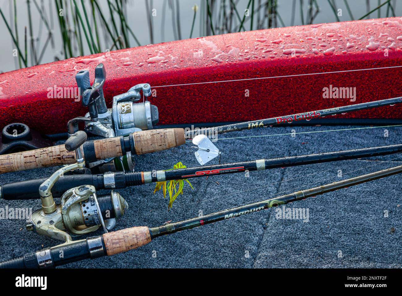 Stock photo of Fishing gear on a boat deck with early morning dew Stock
