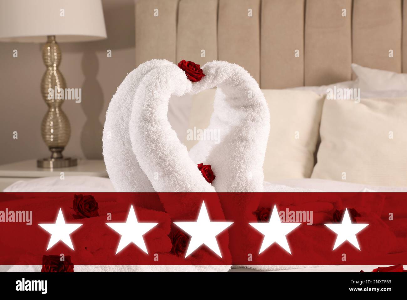 Five Star Luxury Hotel. Beautiful swans made of towels decorated with