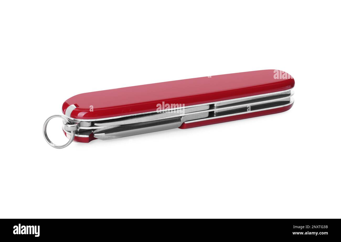 Compact portable multitool with red handle isolated on white Stock Photo