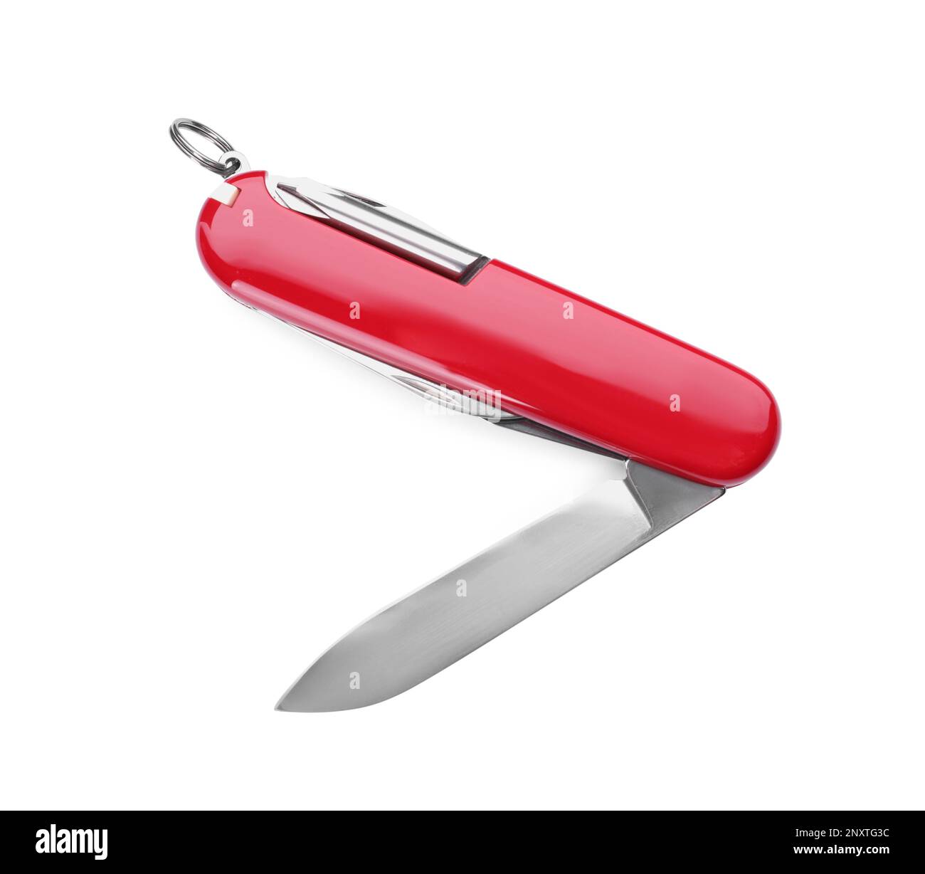 Compact portable multitool with red handle isolated on white, top view Stock Photo