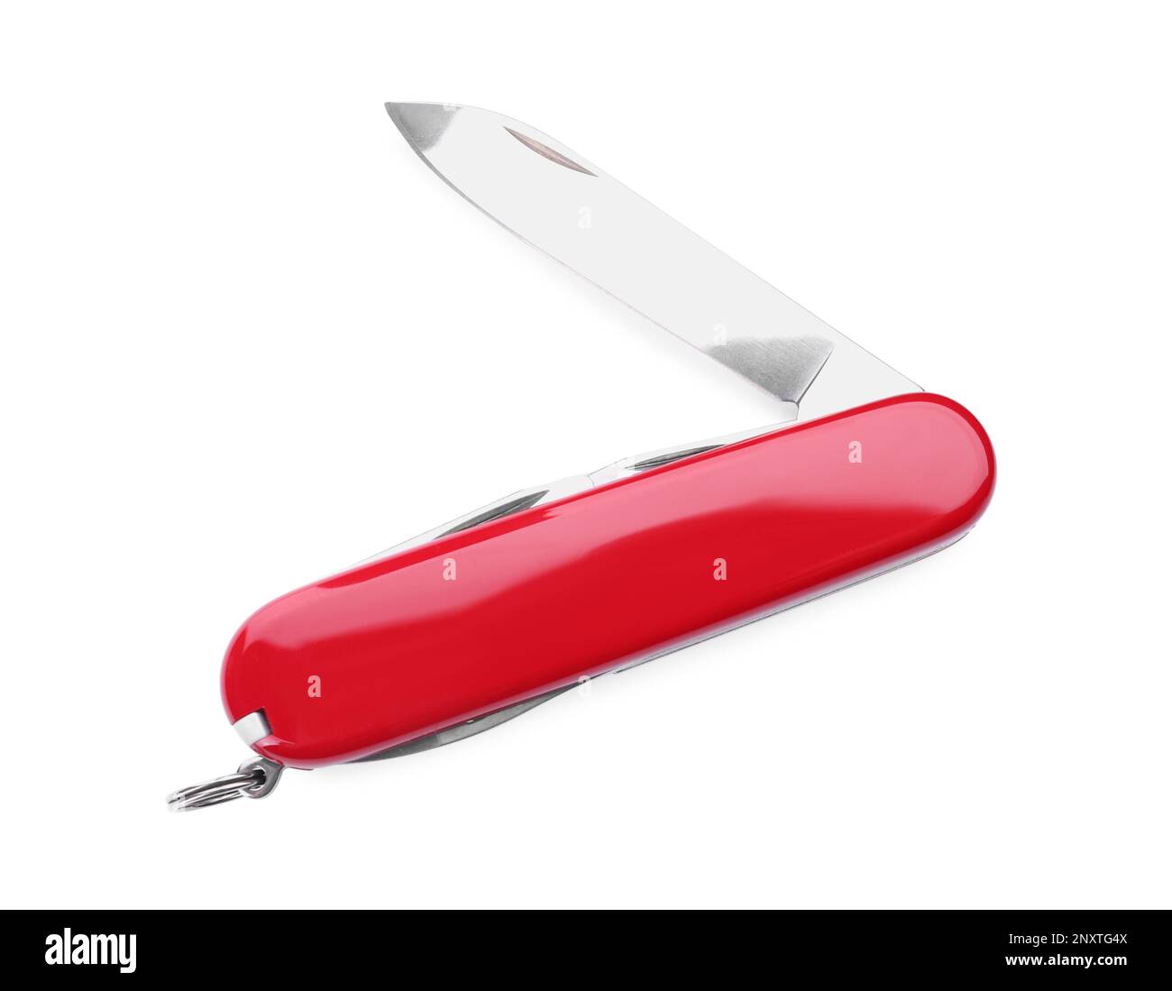 Compact portable multitool with red handle isolated on white, top view Stock Photo