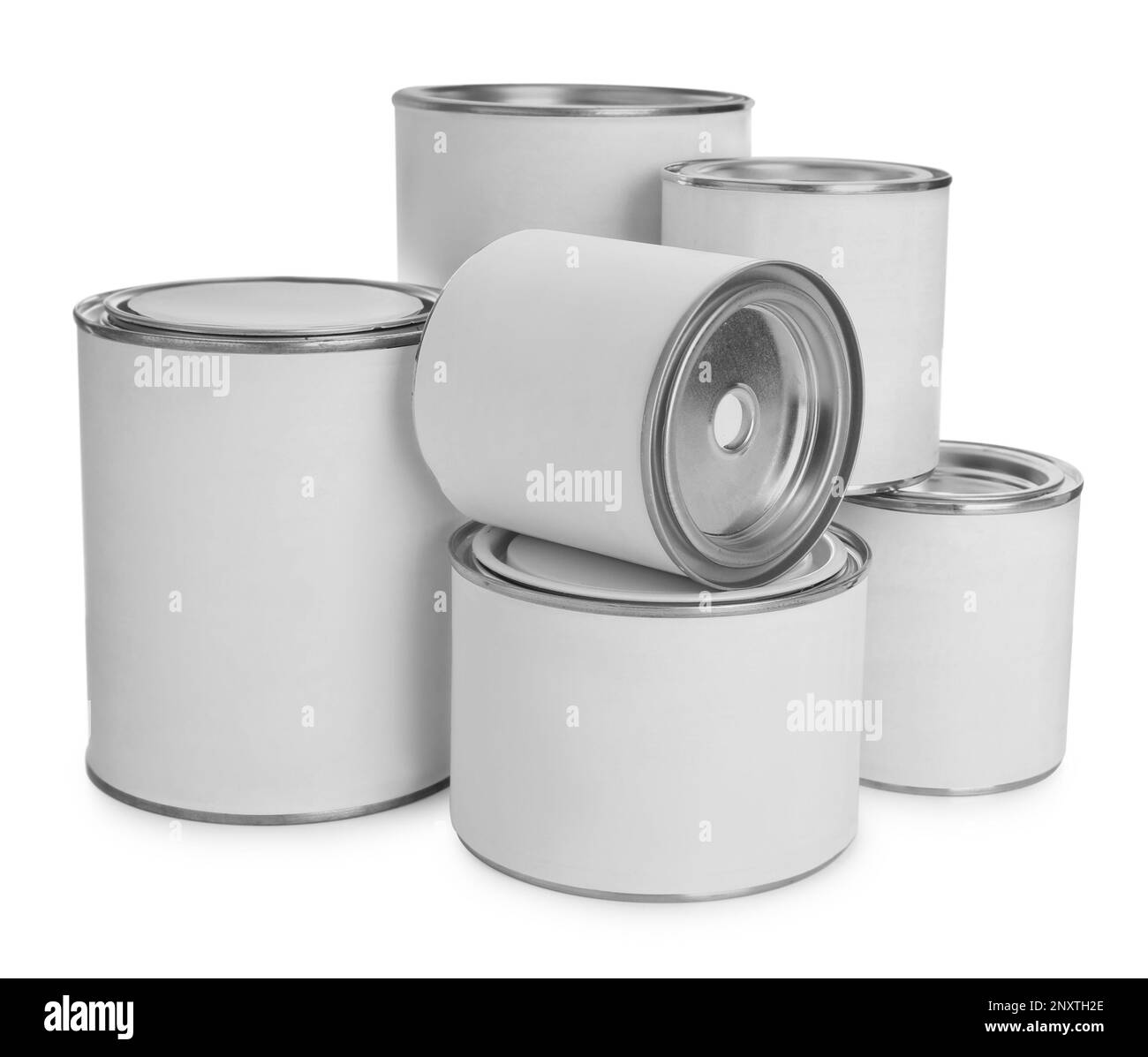 Closed blank cans of paint isolated on white Stock Photo Alamy