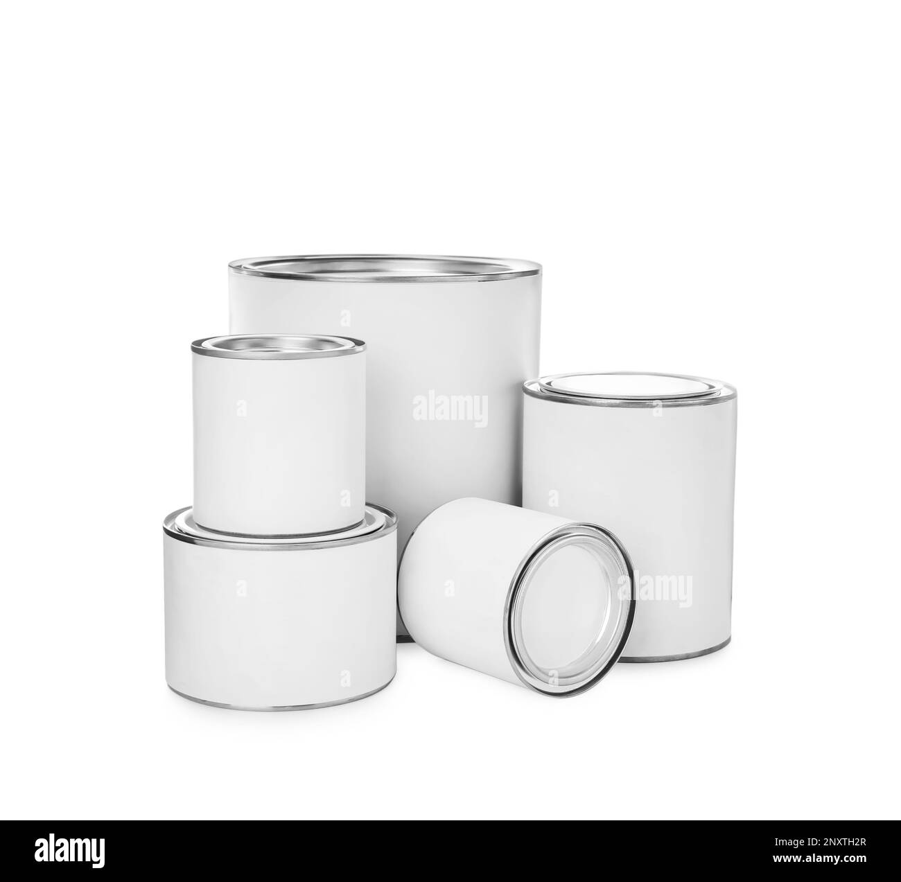 Paint cans and roller on white background Stock Photo Alamy