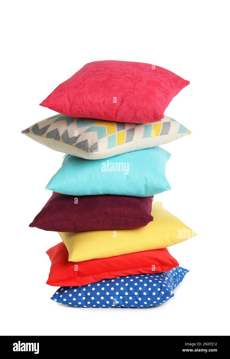 Stack of colorful decorative pillows on white background Stock Photo