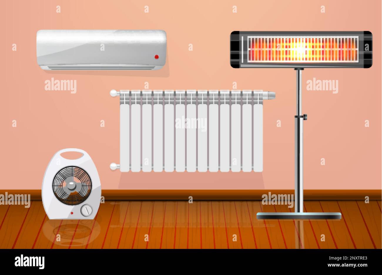 Flat heaters set with radiator electric fan conditioner and infrared heating appliance in room vector illustration Stock Vector