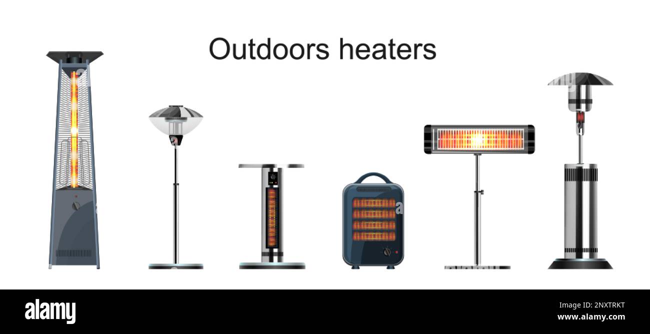 Outdoor infrared gas electric heaters flat isolated on white background