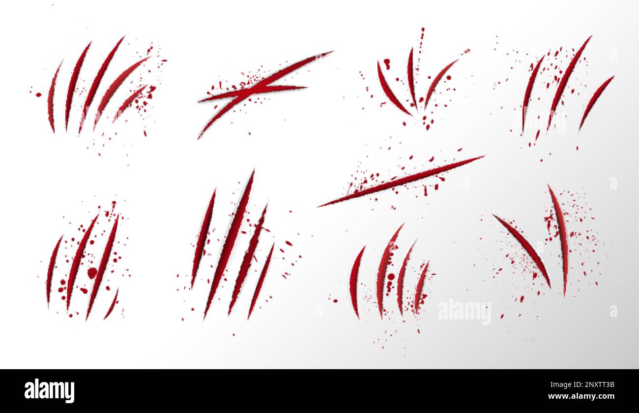 Claw scratches texture with blood drops realistic set vector illustration Stock Vector