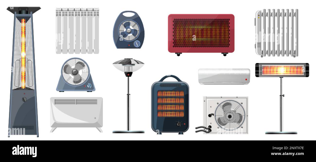 Flat set of various heating appliances with infrared heater conditioner