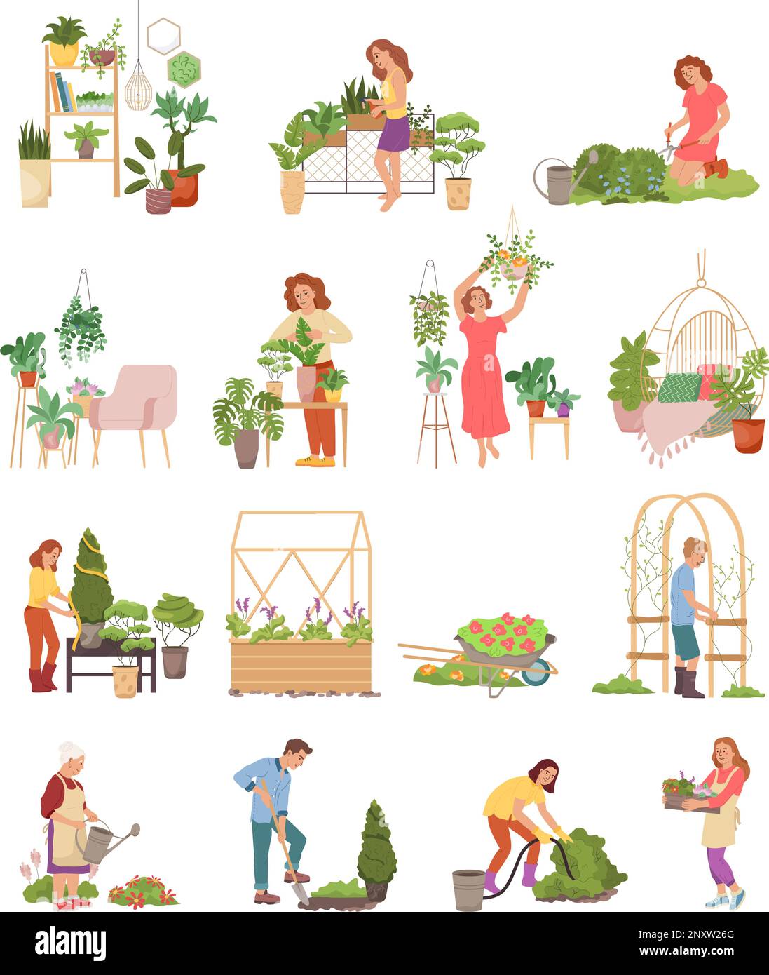 Home gardening set with flat compositions of gardening people with ...