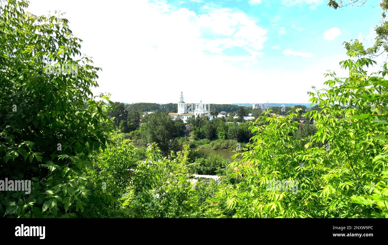 Green summer forest with city buildings behind. Clip. Blue cloudy sky ...