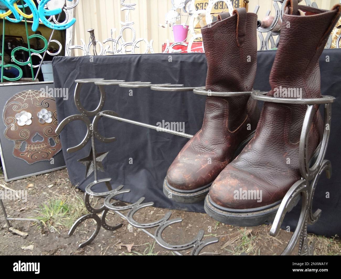 This Dec. 7 2017 photo shows a boot rack made from horseshoes by welder and metal fabricator Jerry J.J. Ring in Thomasville N.C. Jimmy Tomlin The High Point Enterprise via AP Stock Photo