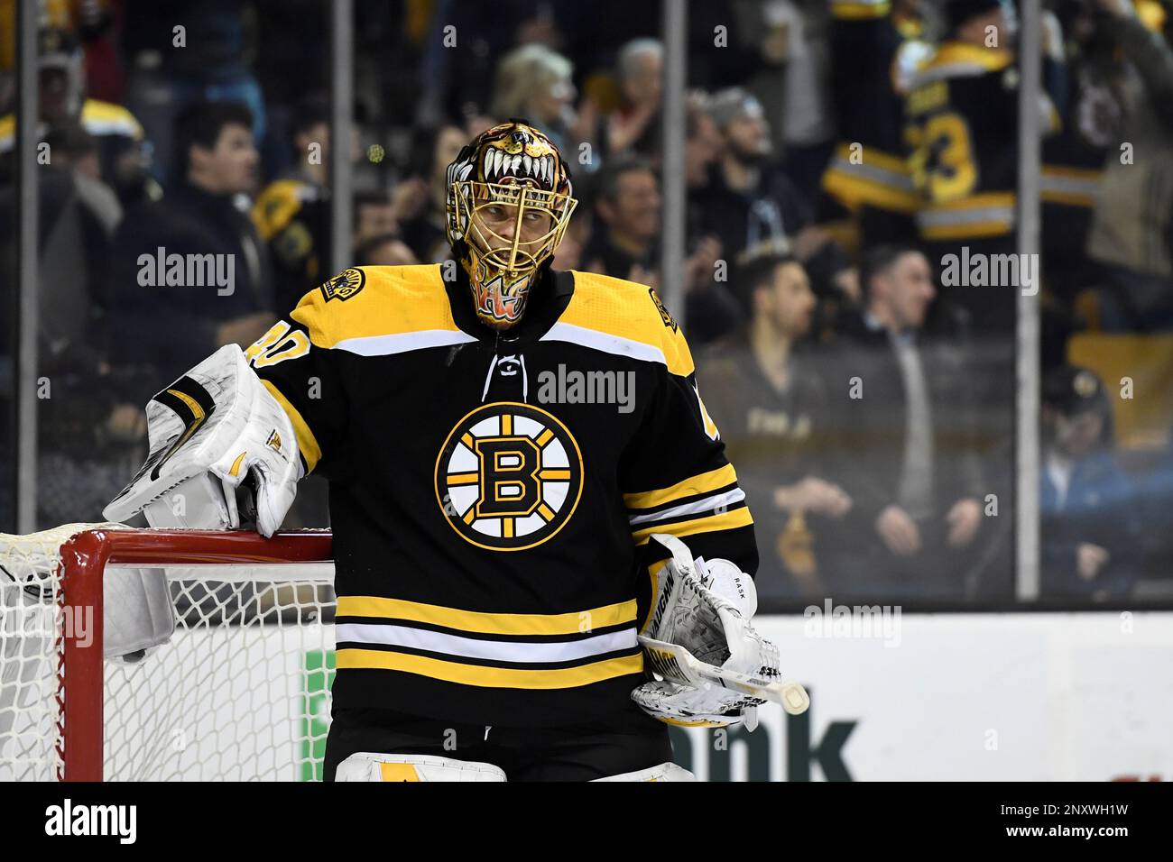 December 18, 2017: Boston Bruins goalie Tuukka Rask (40) smiles after the  Bruins score a goal during the NHL game between the Columbus Blue Jackets  and the Boston Bruins held at TD