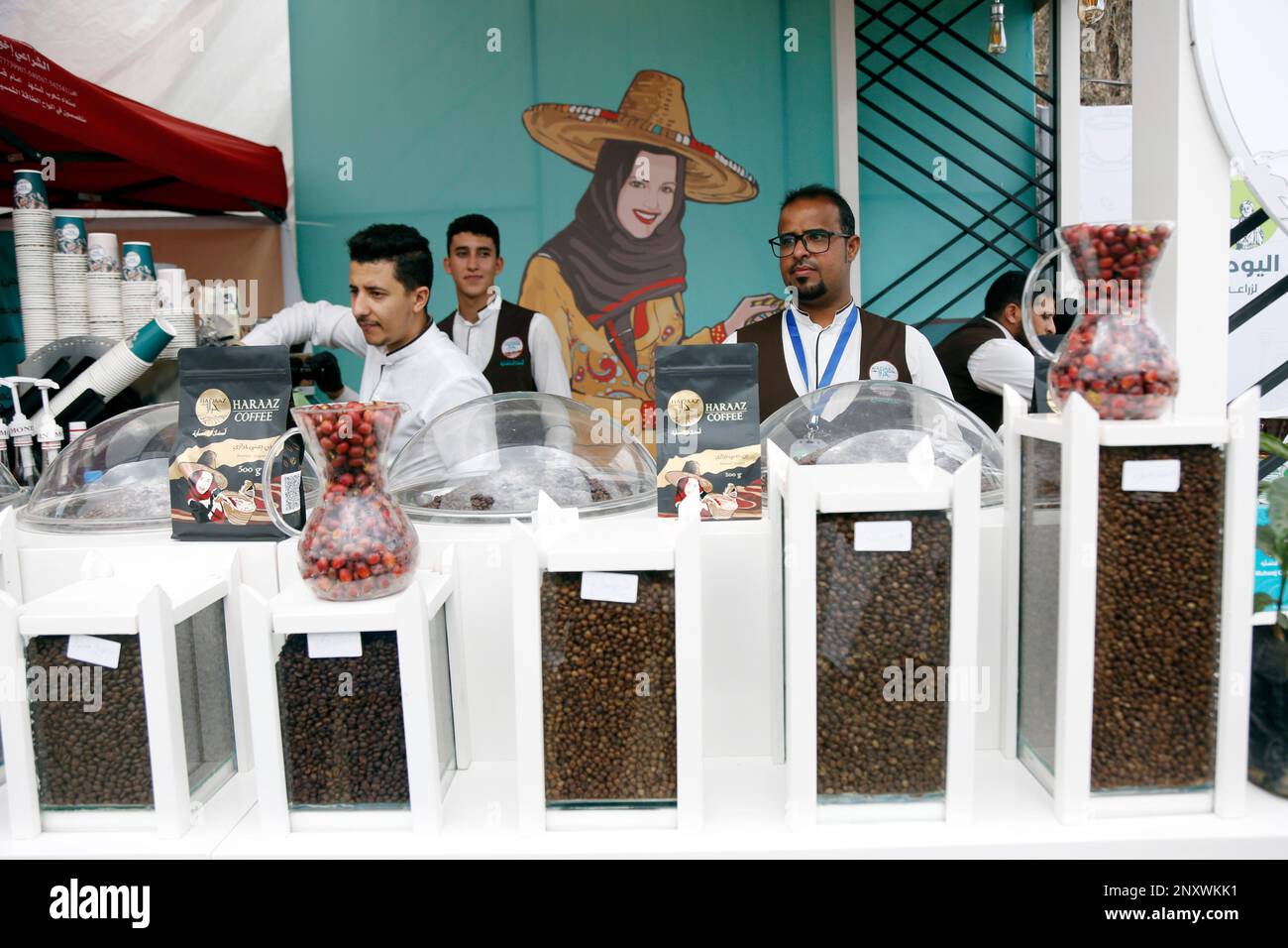 Sanaa, Yemen. 1st Mar, 2023. People sell coffee beans at a coffee fair