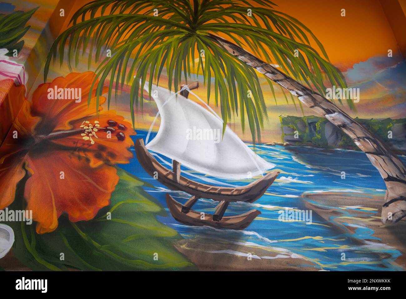 A Sakman outrigging boat mural is displayed at street art locations on Guam, Jan. 18, 2023