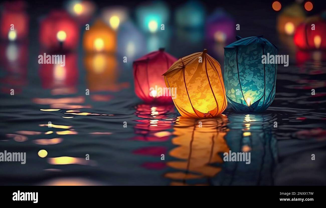 Paper lanterns float on water. Floating Lantern Festival, Memorial Day