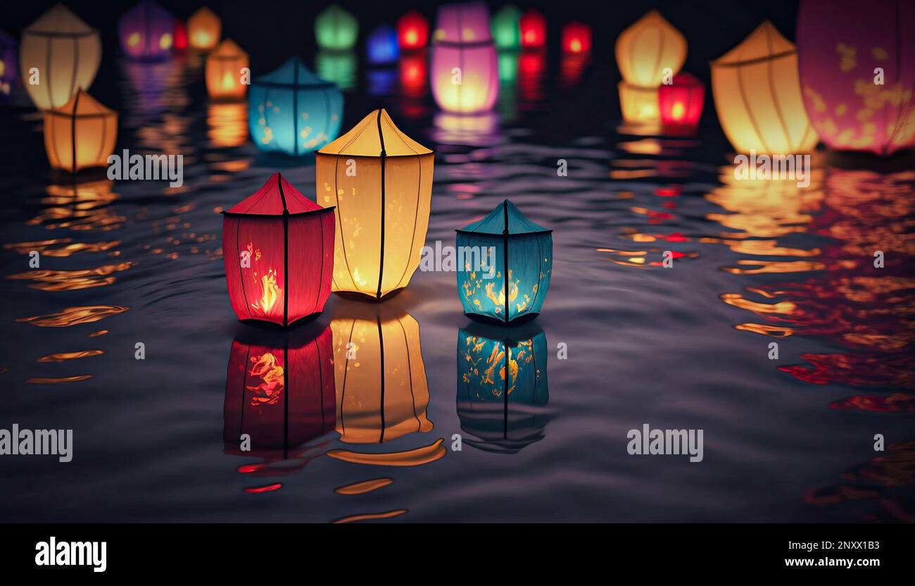 Paper lanterns float on water. Floating Lantern Festival, Memorial Day