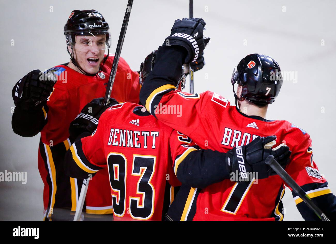 Calgary Flames Sam Bennett center celebrates his goal with