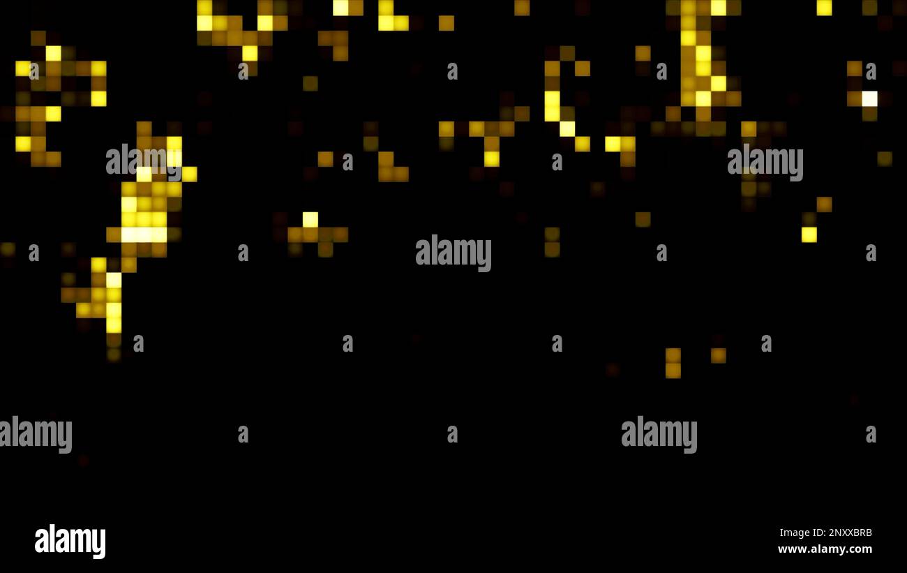 Colorful blurred squared particles moving and blinking on a black background. Motion. Design of a retro game Stock Photo